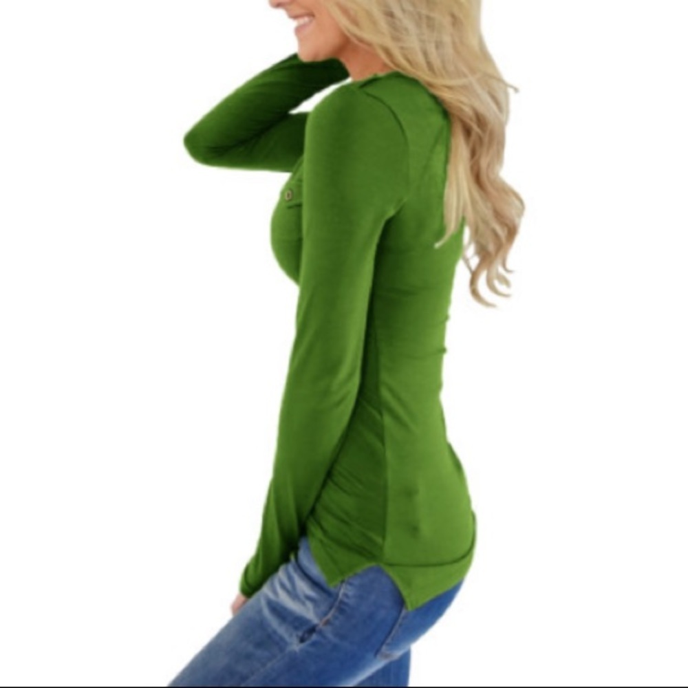Green Long Sleeve Henley with Pockets - Picture 3 of 5